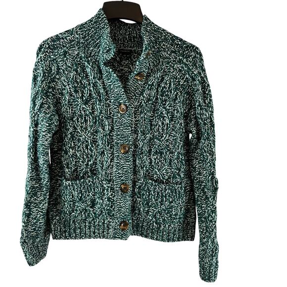 Talbots Chunky Knit Button Front Cardigan Style Sweater Green White Small - Picture 1 of 6